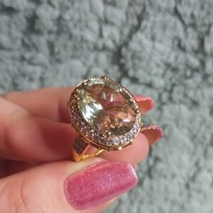Size 7, Gold Vermeil Over 925, LARGE Prasiolite Ring With Multi Gemstone Accents